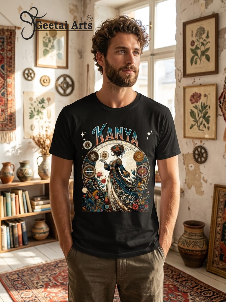 GEETAI ARTS-100% Cotton Regular Fit Graphic T-shirt (Indian Cultural Zodiac: Kanya)