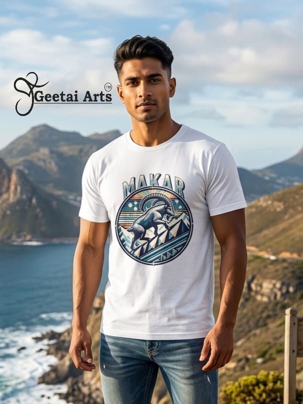 GEETAI ARTS-100% Cotton Regular Fit Graphic T-shirt (Indian Cultural Zodiac: Makar)