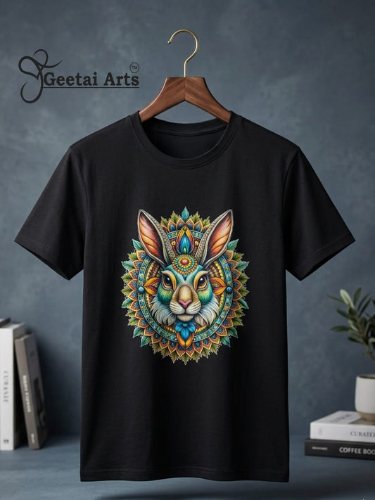 GEETAI ARTS-100% Cotton Regular Fit Graphic T-shirt (Indian Artform: Mandala Animal Print-Rabbit)