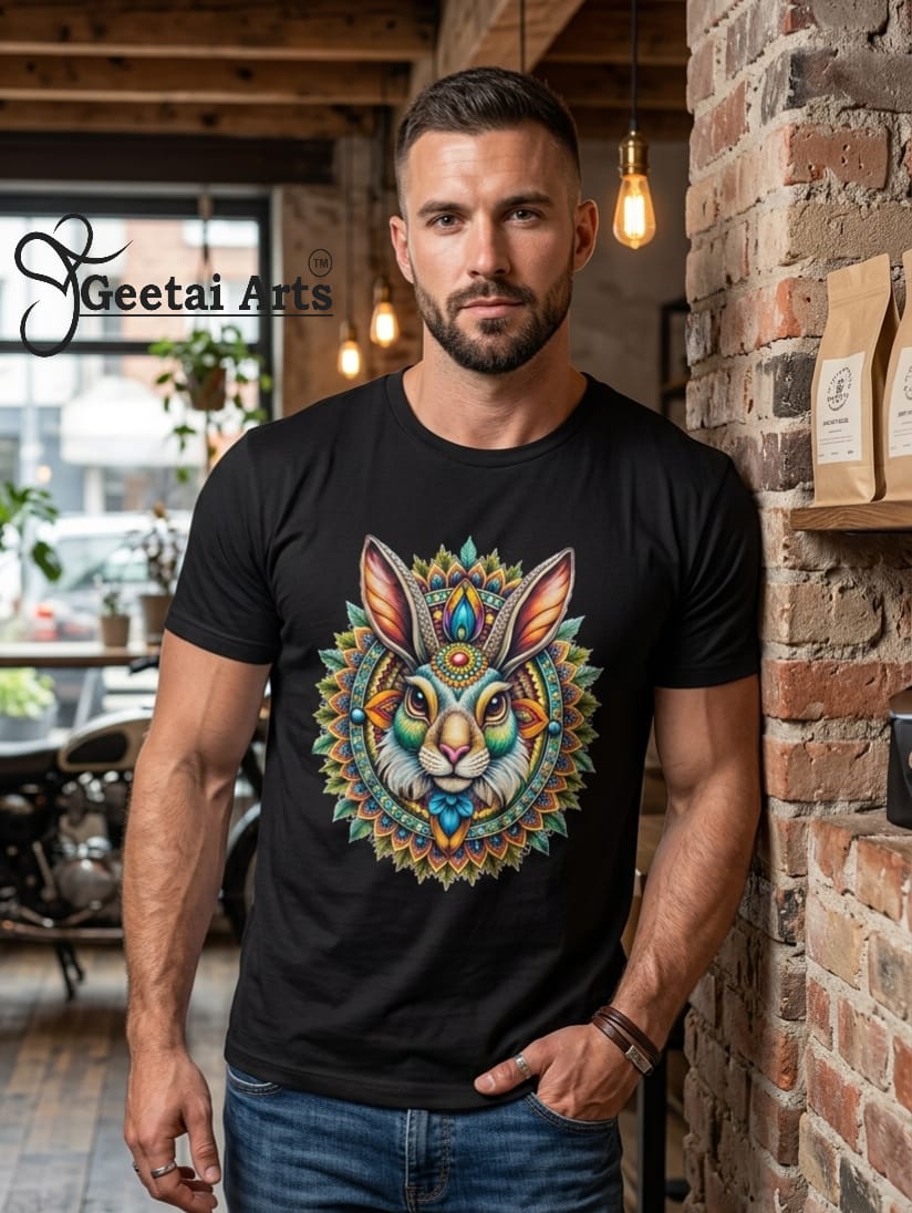 GEETAI ARTS-100% Cotton Regular Fit Graphic T-shirt (Indian Artform: Mandala Animal Print-Rabbit)