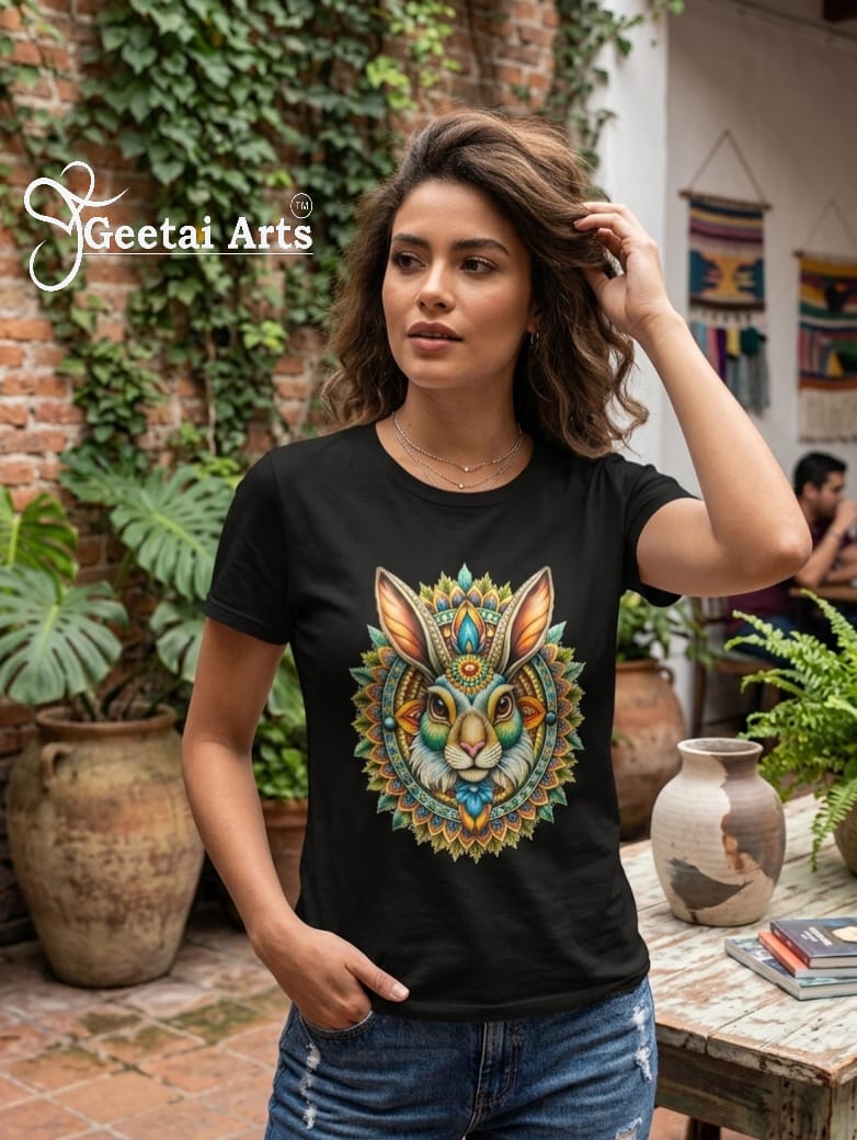 GEETAI ARTS-100% Cotton Regular Fit Graphic T-shirt (Indian Artform: Mandala Animal Print-Rabbit)