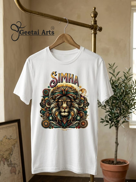 GEETAI ARTS-100% Cotton Regular Fit Graphic T-shirt (Indian Cultural Zodiac: Simha)