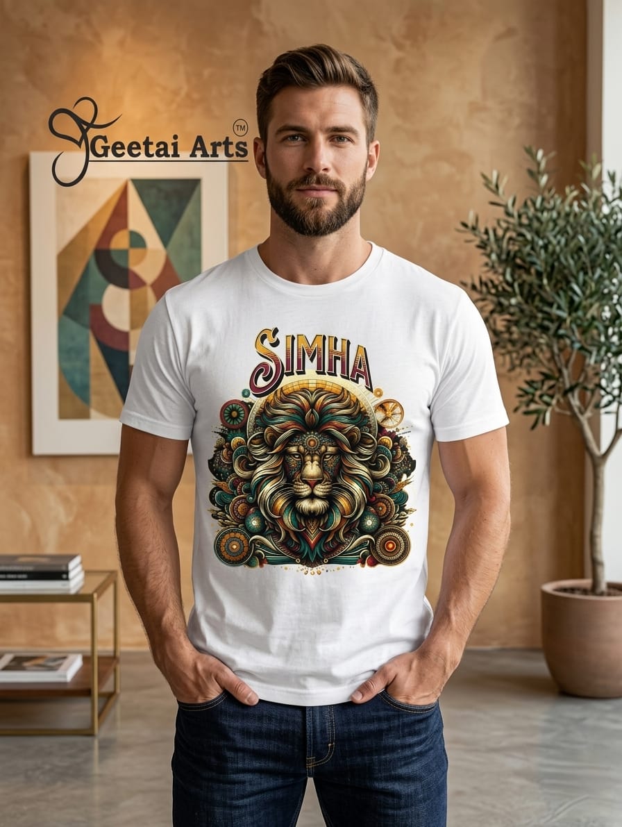 GEETAI ARTS-100% Cotton Regular Fit Graphic T-shirt (Indian Cultural Zodiac: Simha)