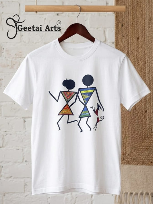 GEETAI ARTS-100% Cotton Regular Fit Graphic T-shirt (Indian Artform: Warli Design)