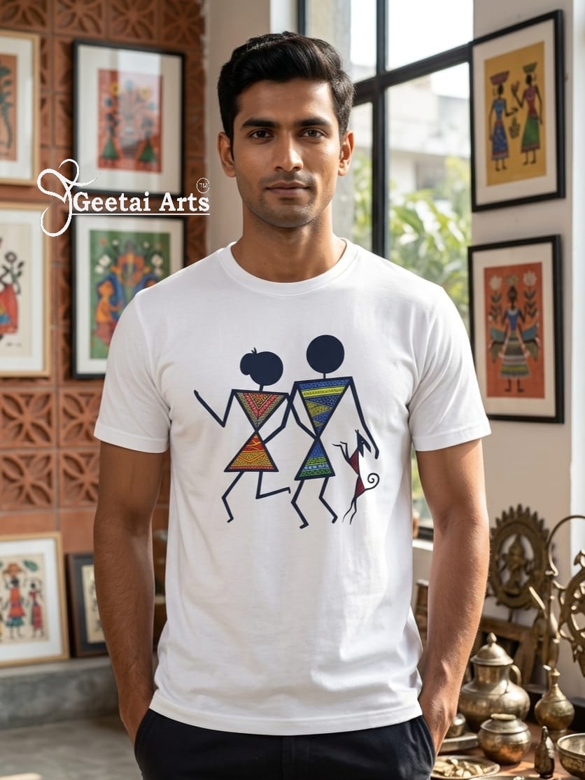 GEETAI ARTS-100% Cotton Regular Fit Graphic T-shirt (Indian Artform: Warli Design)