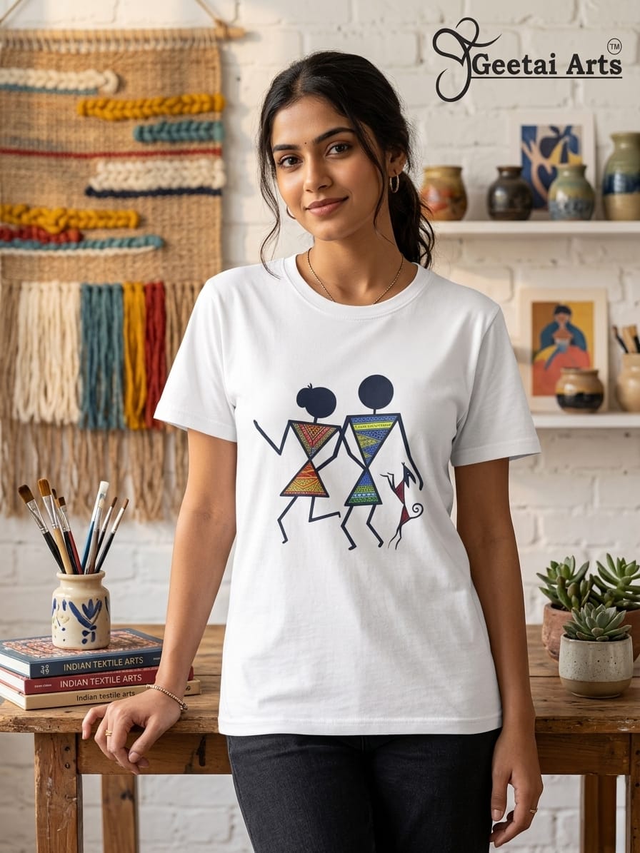 GEETAI ARTS-100% Cotton Regular Fit Graphic T-shirt (Indian Artform: Warli Design)
