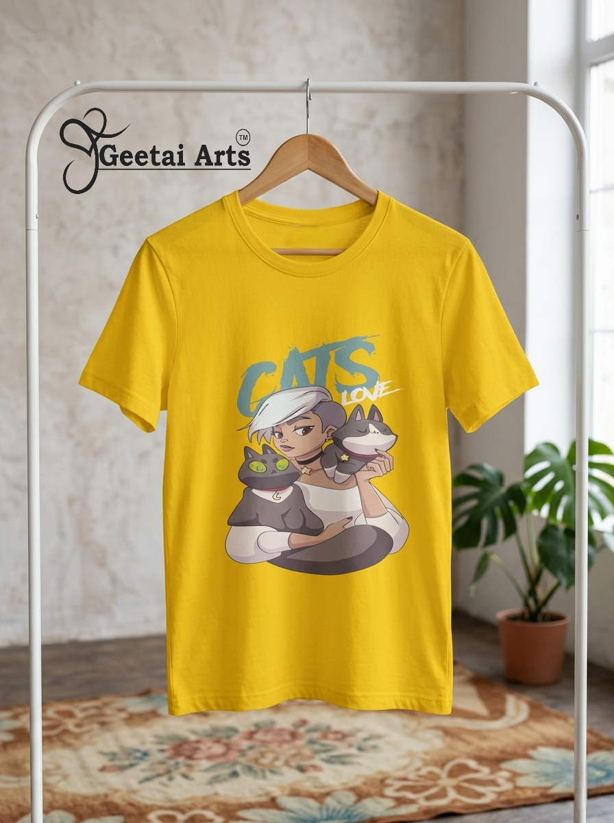 GEETAI ARTS-100% Cotton Regular Fit Graphic T-shirt (Anime: Catsluv)
