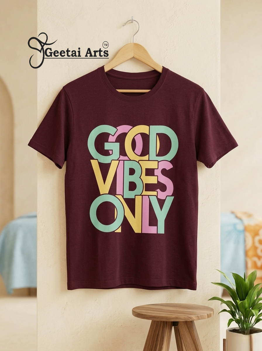 GEETAI ARTS-100% Cotton Regular Fit Graphic T-shirt (Typograph: Goodvibe)
