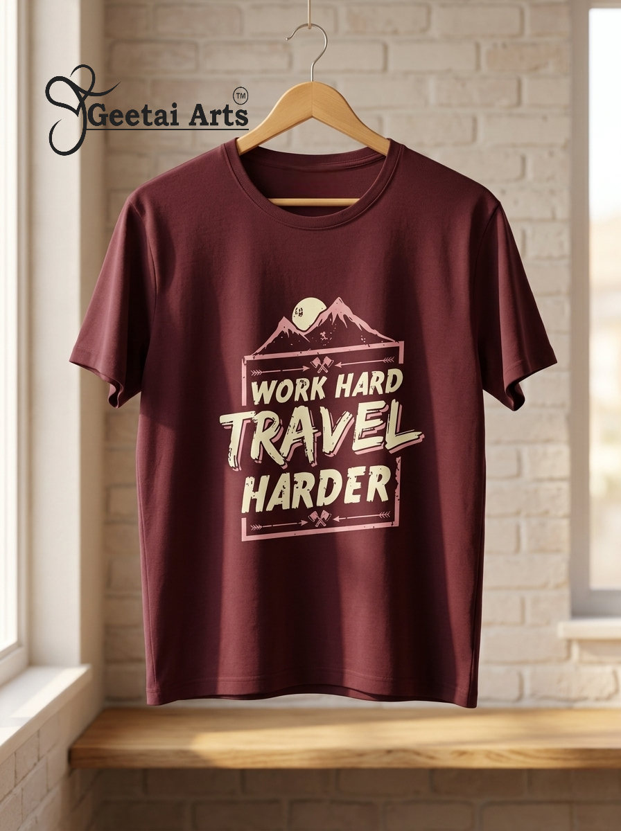 GEETAI ARTS-100% Cotton Regular Fit Graphic T-shirt (Typograph: Travelharder)